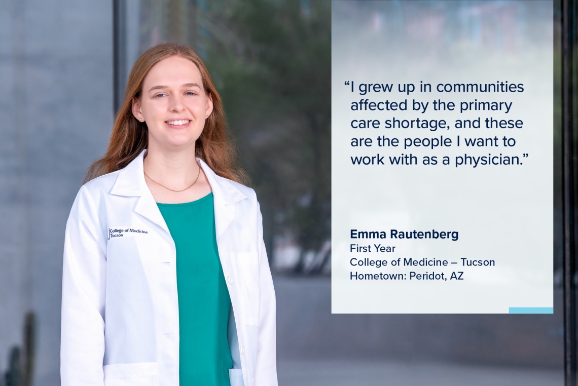 Portrait of Emma Rautenberg, a young woman with long red hair wearing a white medical coat, with a quote from Rautenberg on the image that reads, "I grew up in communities affected by the primary care shortage, and these are the people I want to work with as a physician."