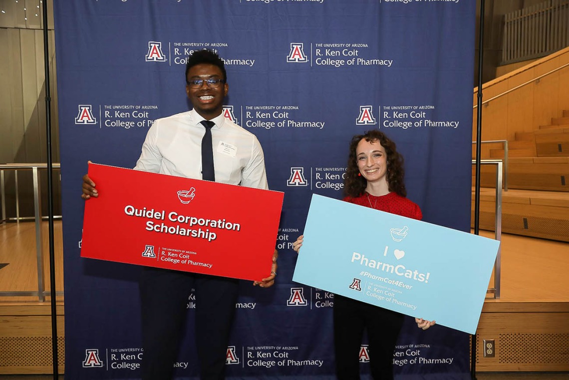 Brielle Edwards (right), a student at the University of Arizona R. Ken Coit College of Pharmacy, was one of five UArizona Health Sciences Quidel Ortho Global Scholarships recipients. Derrick Nwobodo (left), also a  Coit College of Pharmacy student, received a QuidelOrtho Global Scholarship last year.