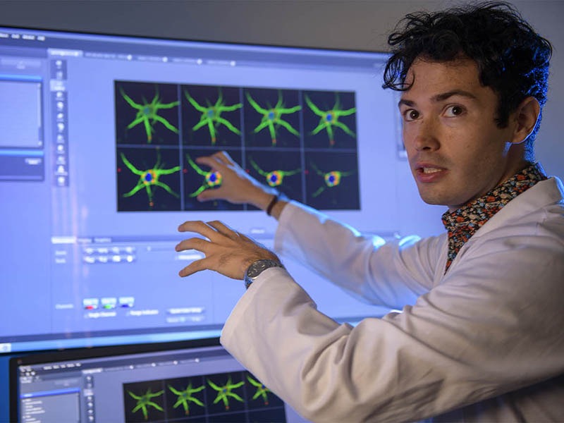 researcher pointing to findings on computer screen